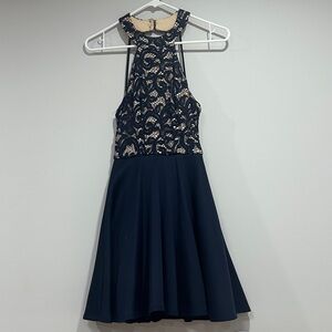 B Darlin Navy and Beige Backless Dress